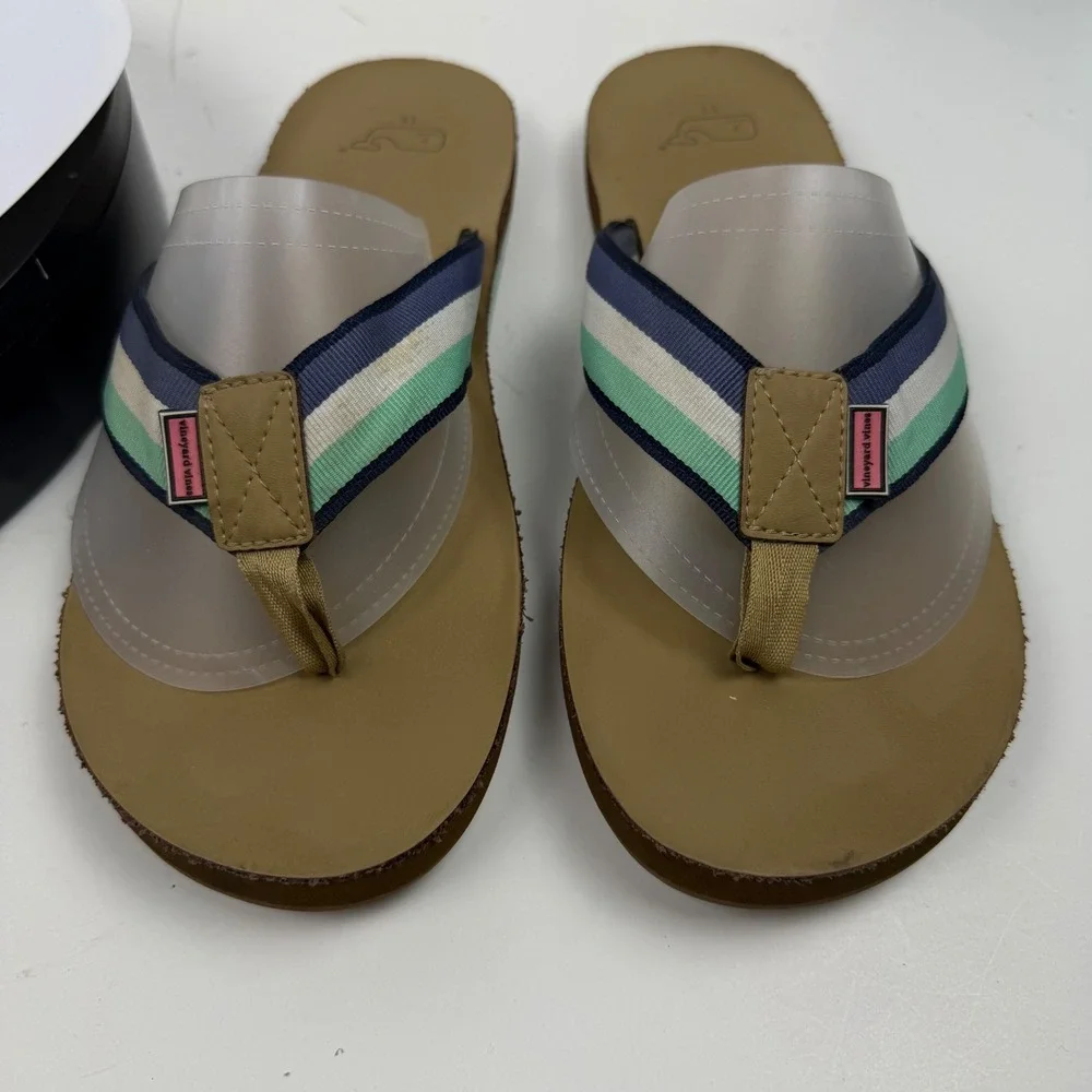 Vineyard Vines Mens Flip Flop Sandals Striped Webbing Tan Navy Green Size 11